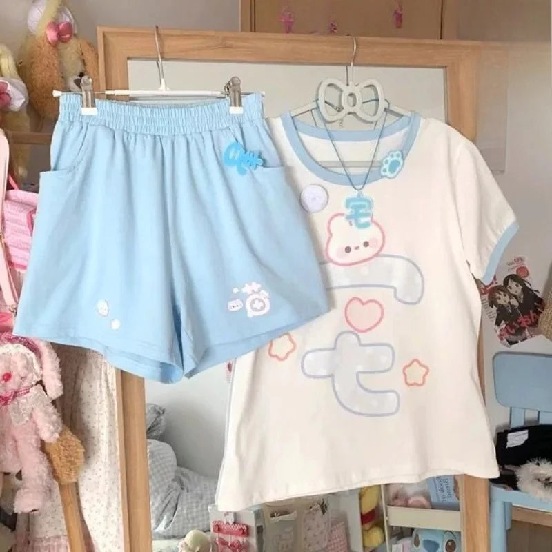 Women's Kawaii Cartoon Cat High-Waisted Shorts