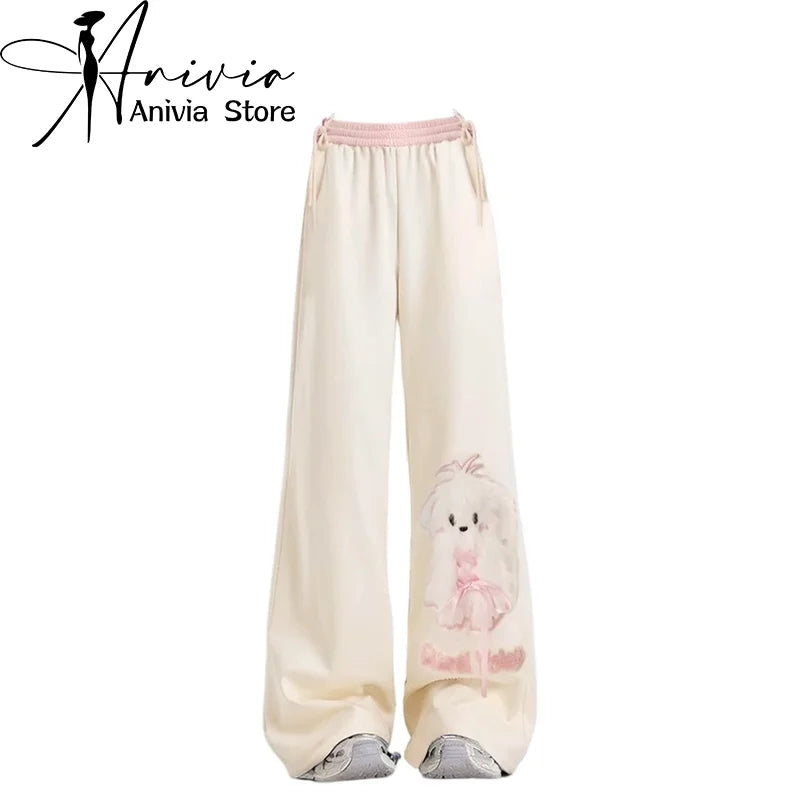 Kawaii Women's Beige Puppy Graphic Cargo Pants