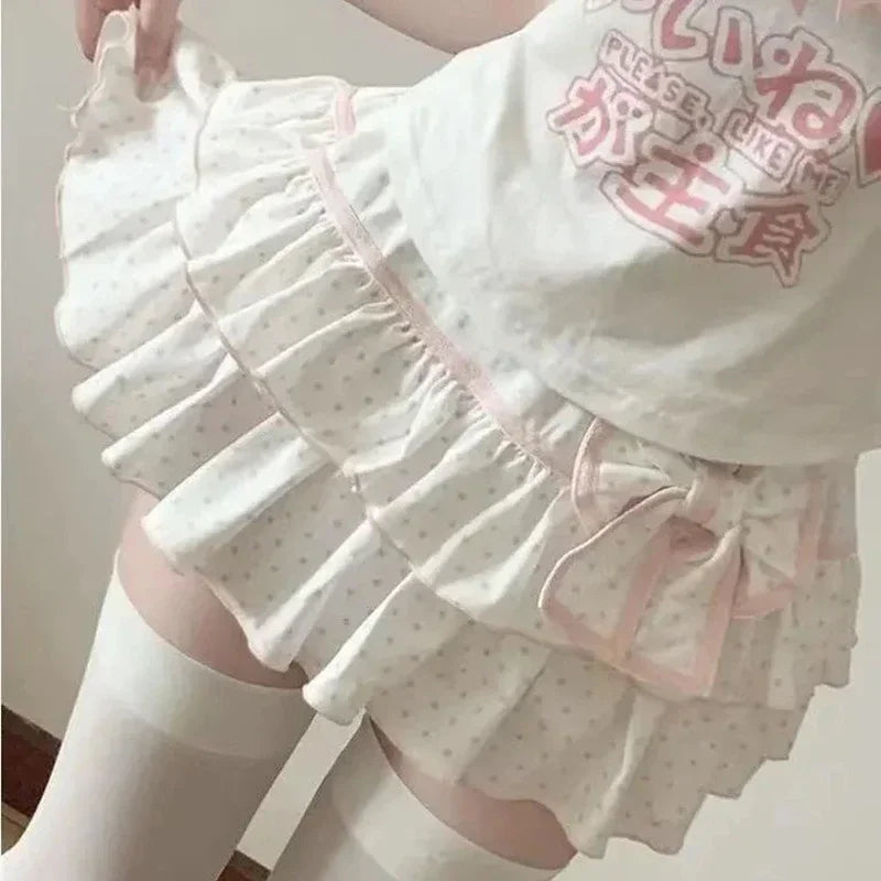Kawaii Polka Dot Ruffle Mini Skirt with Bow