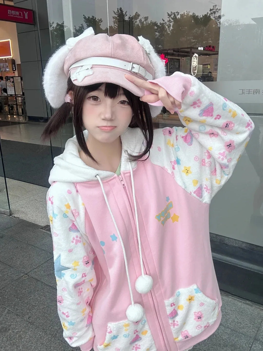 Pink Kawaii Cartoon Print Zip-Up Hoodie