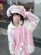 Pink Kawaii Cartoon Print Zip-Up Hoodie