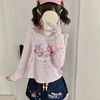 Kawaii Pink Cartoon Print Lace-Trim Long-Sleeve Top