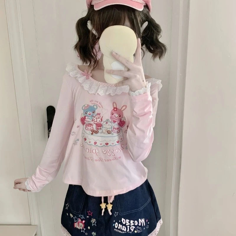 Kawaii Pink Cartoon Print Lace-Trim Long-Sleeve Top