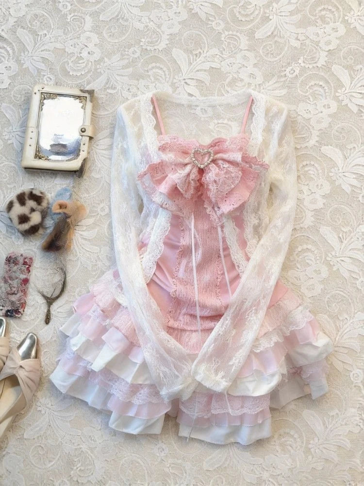 Women's Kawaii 3-Piece Skirt Set with Lace Bow