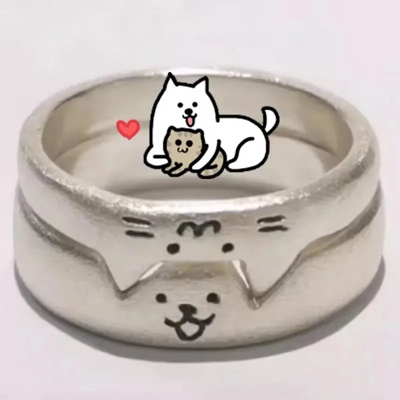 Kawaii Adjustable Silver-Tone Cat and Dog Rings