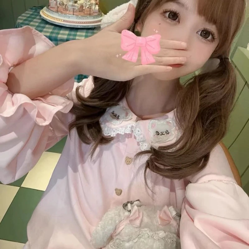 Kawaii Pink Embroidered Peter Pan Collar Blouse with Lace Trim