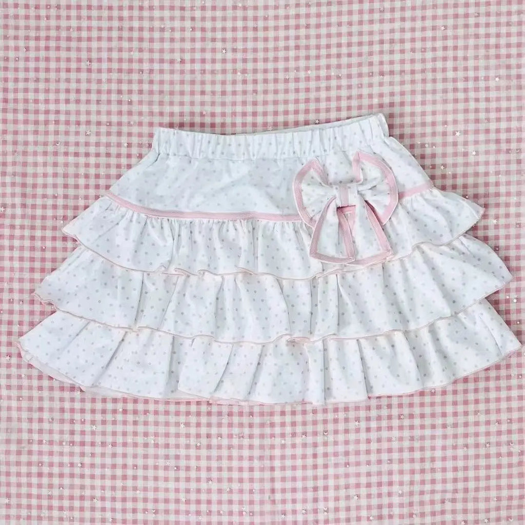 Kawaii White Polka-Dot Ruffle Mini Skirt with Pink Bow