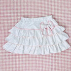 Kawaii White Polka-Dot Ruffle Mini Skirt with Pink Bow