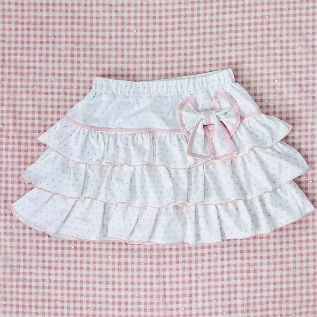Kawaii White Polka-Dot Ruffle Mini Skirt with Pink Bow
