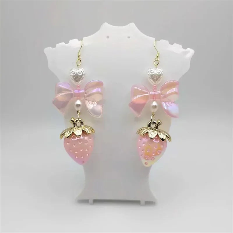 Kawaii Pastel Strawberry Bow Drop Earrings with Heart and Pearl Details