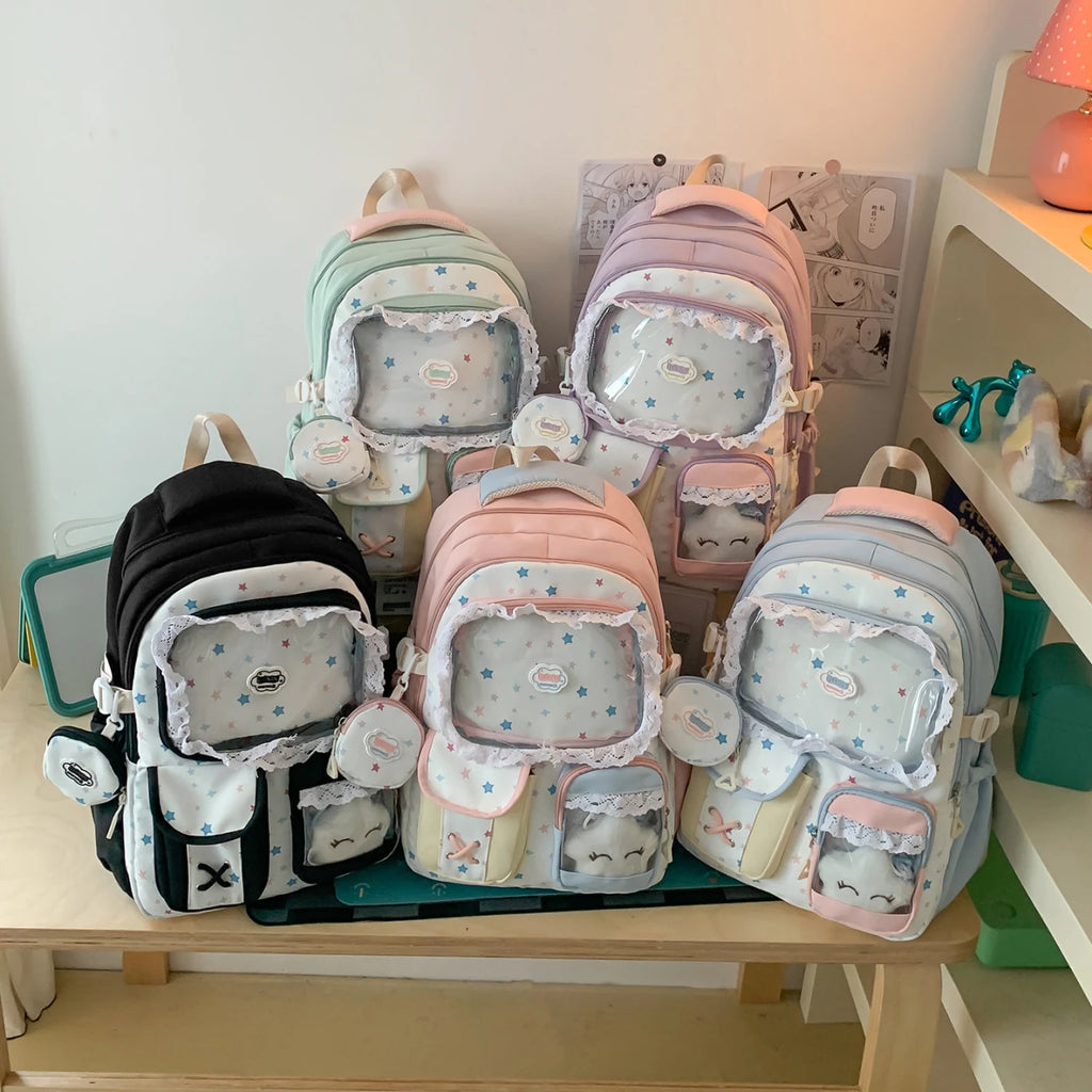 Kawaii Star Print Lace-Trim Backpack with Plush Front Pocket