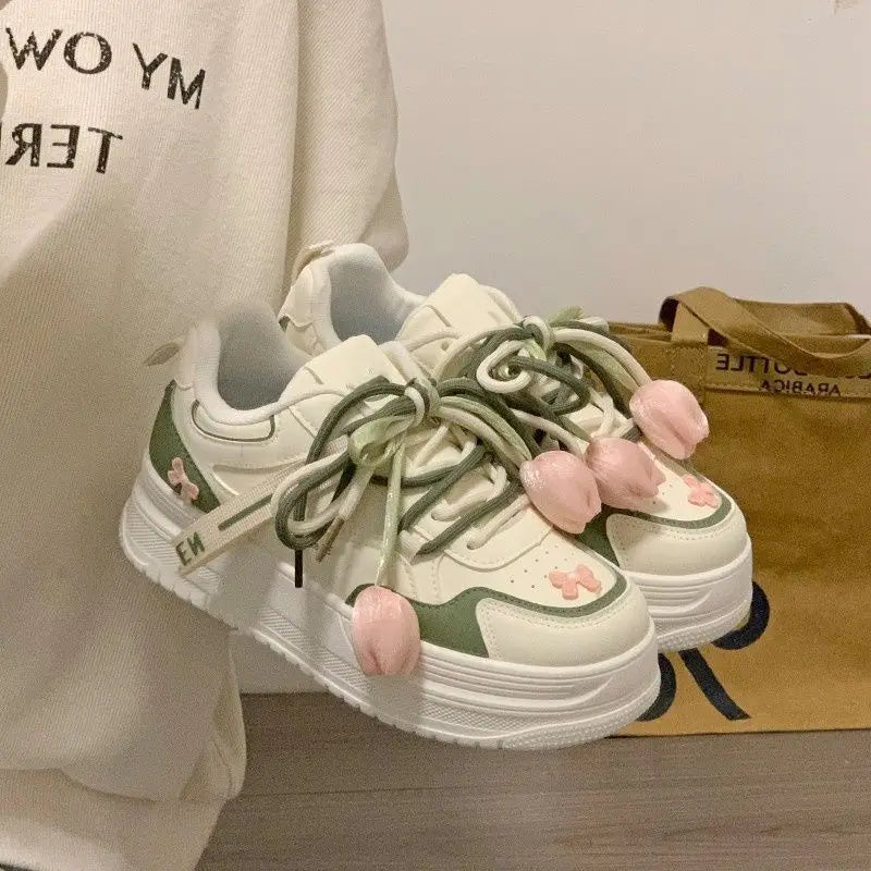Kawaii Flower Charm Platform Sneakers - White with Green, Pink or Blue