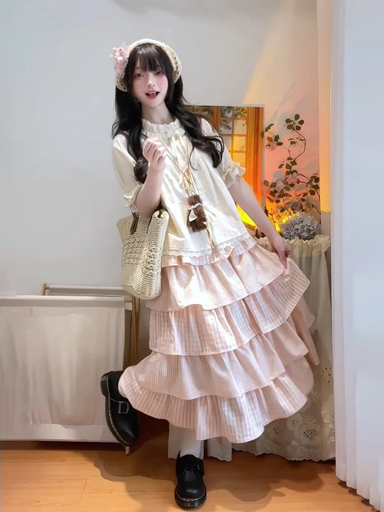 Kawaii Women's Pink Plaid Ruffle Skirt and Short-Sleeve Top Set