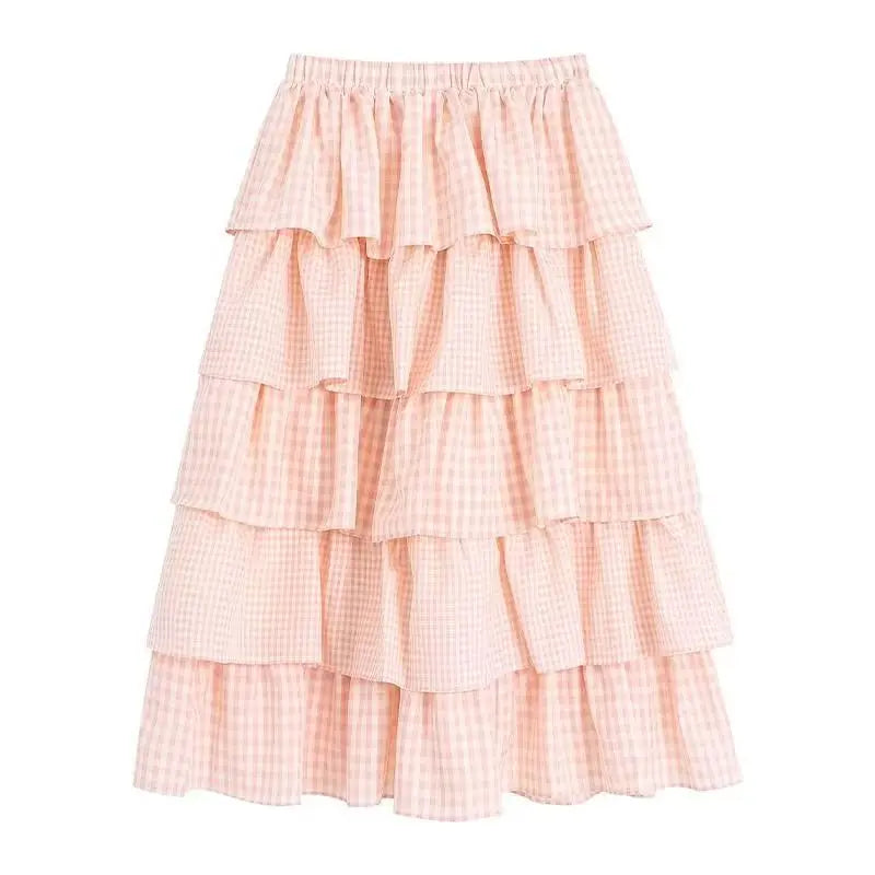 Kawaii Women's Pink Plaid Ruffle Skirt and Short-Sleeve Top Set