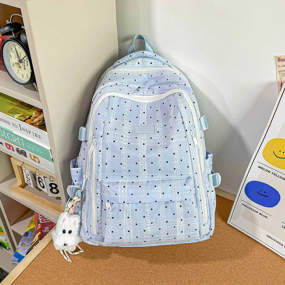 Kawaii Polka Dot School Backpack with Multiple Pockets