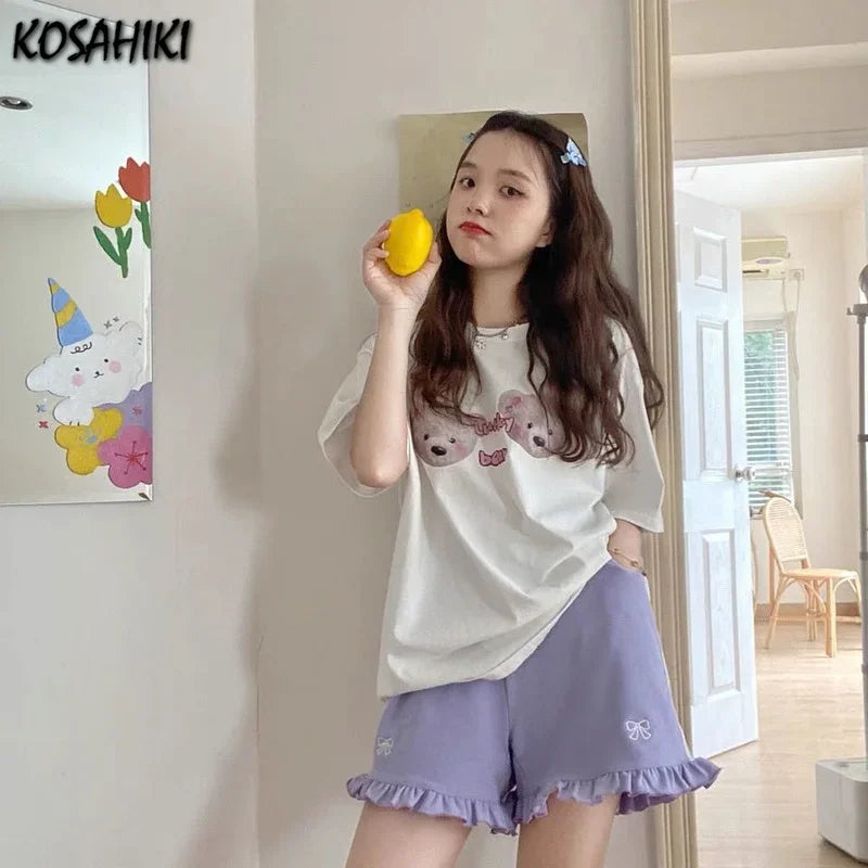 Kawaii Bow-Embroidered Ruffle Shorts