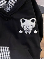 Kawaii Cat Embroidery Gingham-Trim Hoodie