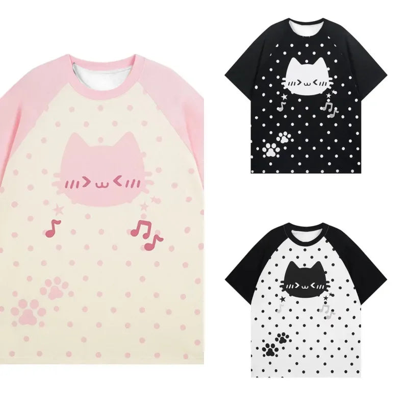 Kawaii Cat Polka Dot Musical Notes T-Shirt