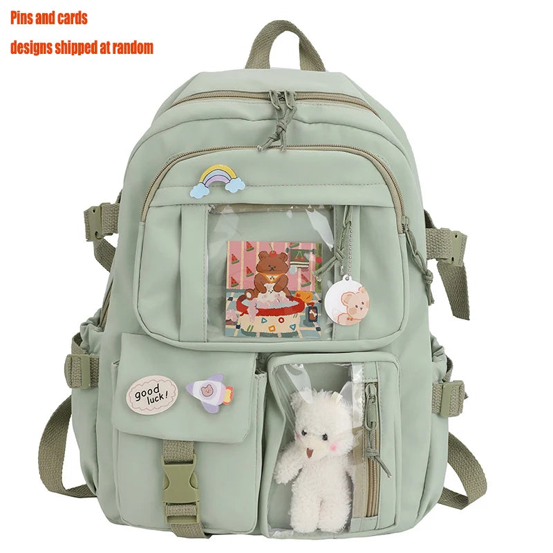 Kawaii Multi-Pocket Nylon Backpack with Laptop Compartment