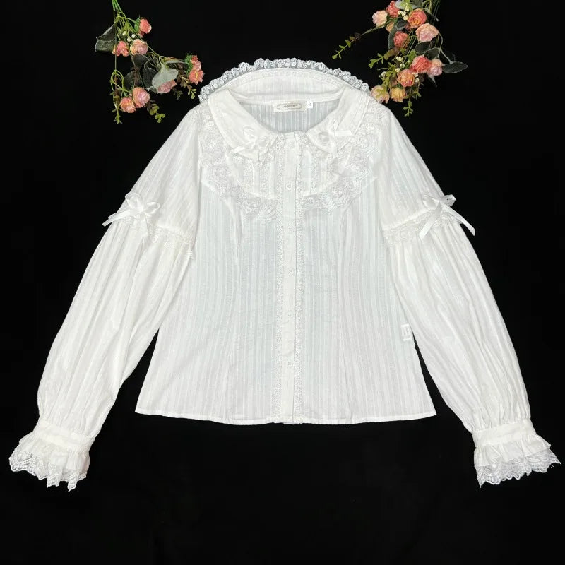 Kawaii Women's Victorian Lace Bow Blouse with Peter Pan Collar