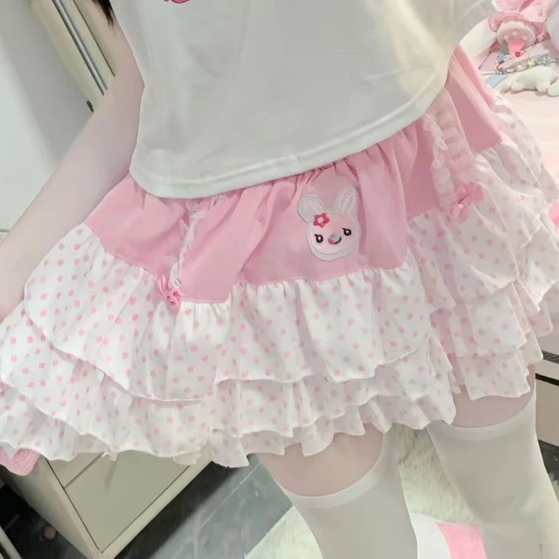 Kawaii Pink Polka Dot Ruffle Mini Skirt with Bunny Appliqué