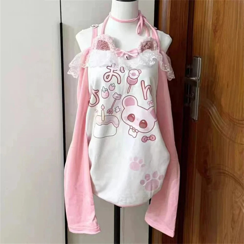 Women's Kawaii Cartoon Graphic Off-Shoulder Lace Bow T-Shirt