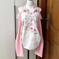 Women's Kawaii Cartoon Graphic Off-Shoulder Lace Bow T-Shirt