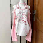 Women's Kawaii Cartoon Graphic Off-Shoulder Lace Bow T-Shirt