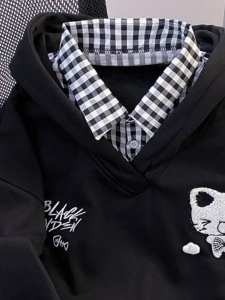 Kawaii Cat Embroidery Gingham-Trim Hoodie
