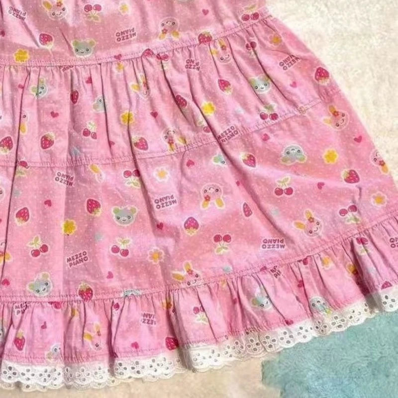 Kawaii Pink Fruit-and-Character Print Tiered Mini Skirt with Lace Trim
