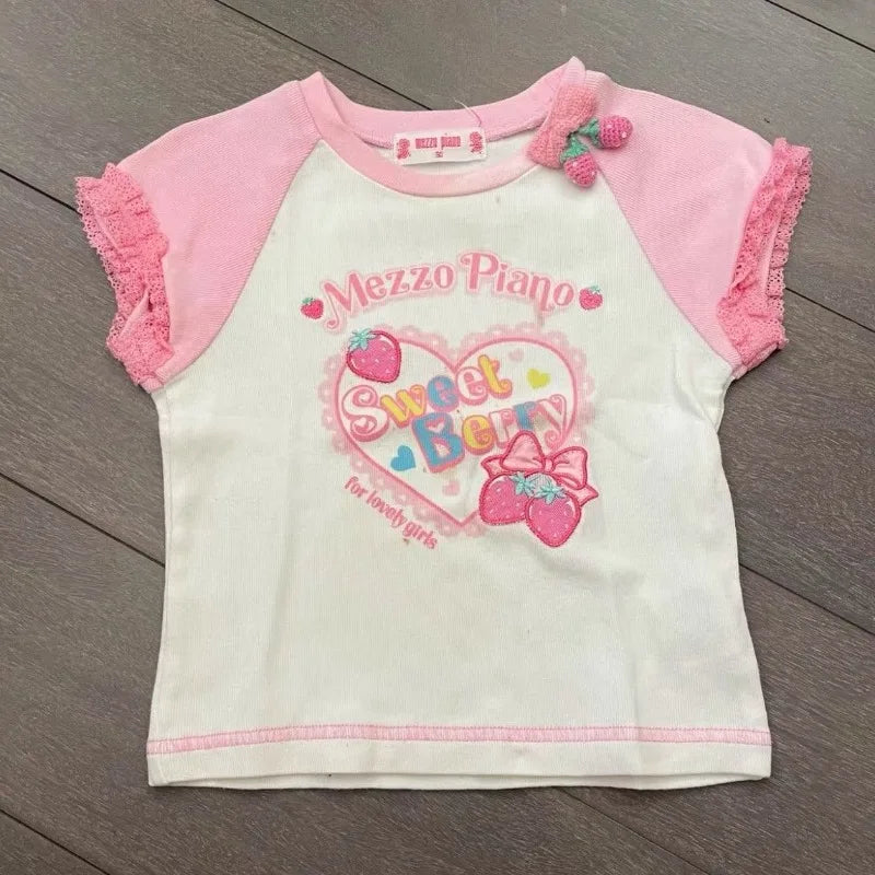 Pink and White Strawberry Graphic T-Shirt with Lace-Trim Sleeves
