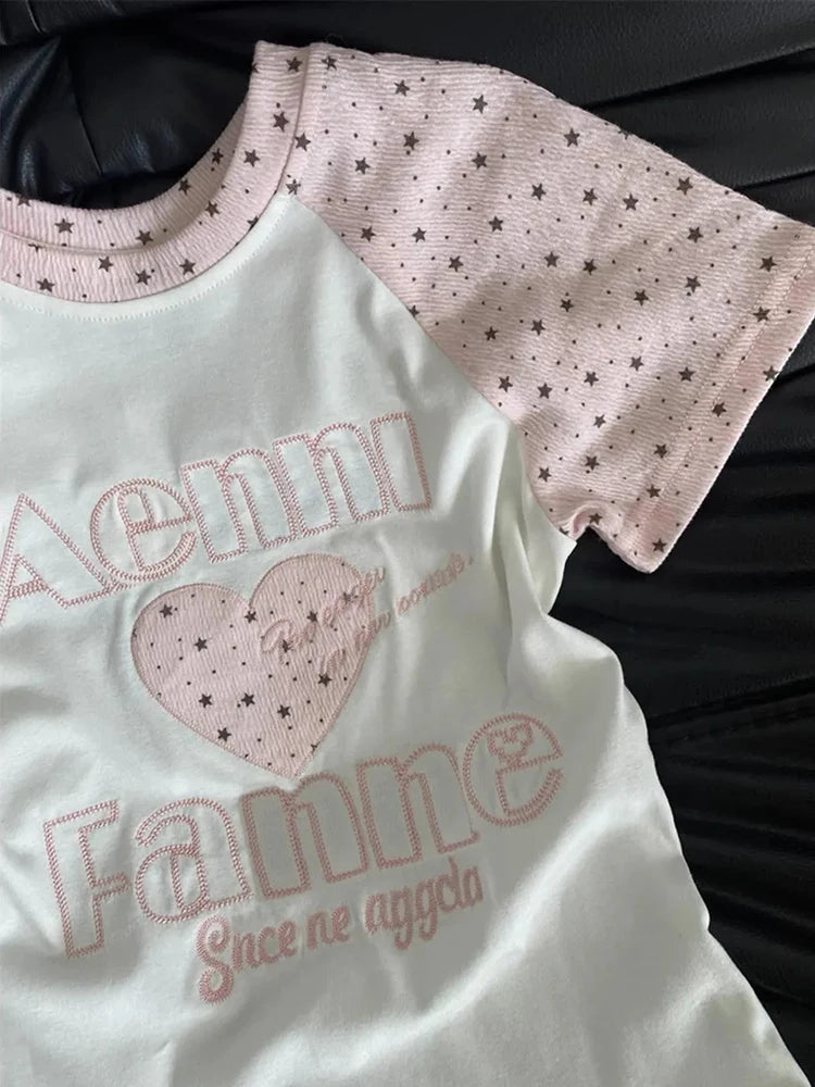 Kawaii Women’s Pink Star Sleeve Graphic T-Shirt