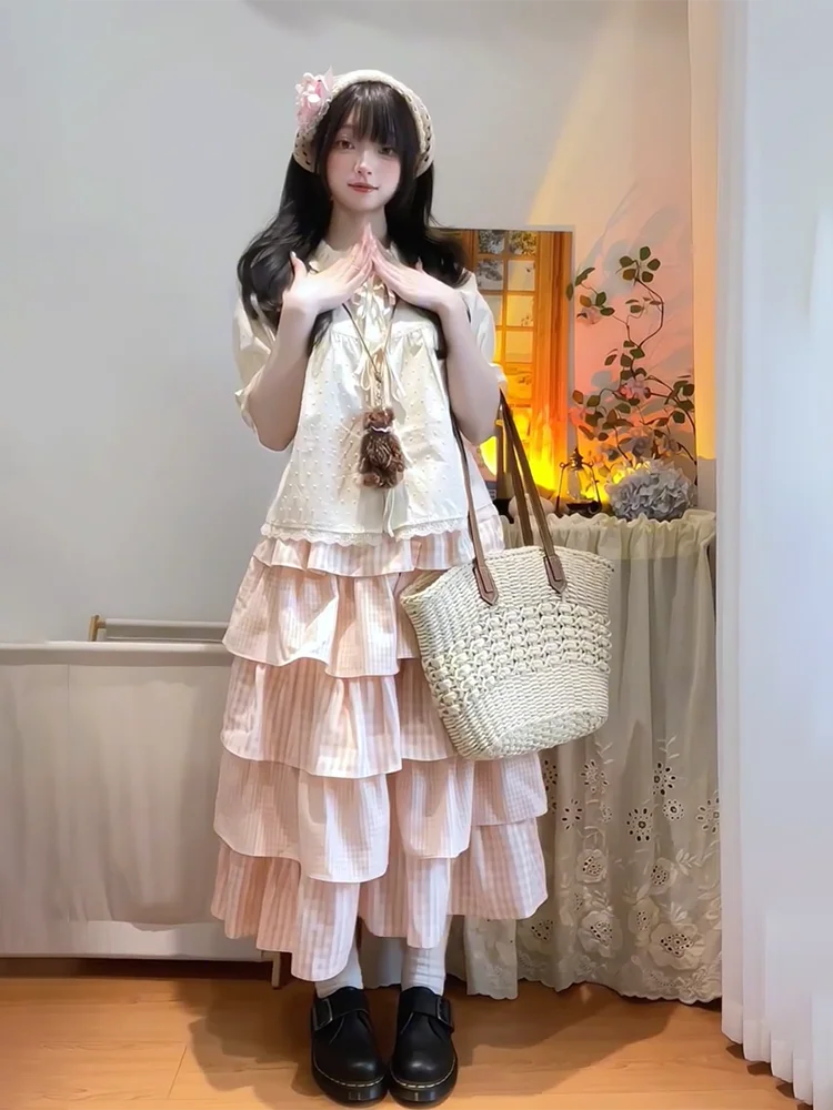 Kawaii Women's Pink Plaid Ruffle Skirt and Short-Sleeve Top Set