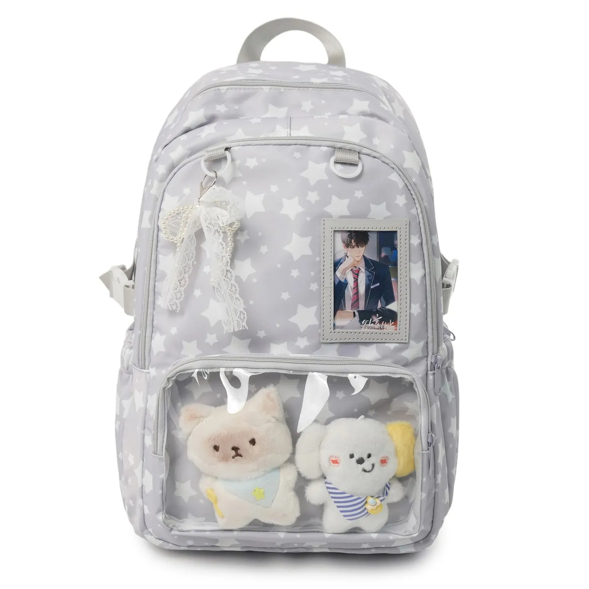 Star Print Kawaii Backpack with Clear Front Pocket, Lace Bow & Plush Display