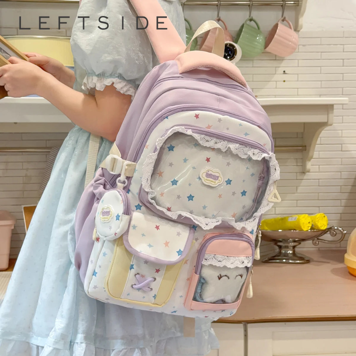 Kawaii Star Print Lace-Trim Backpack with Plush Front Pocket