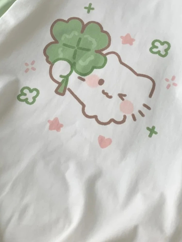 Kawaii Cartoon Cat Graphic T-Shirt – Pink and Green Contrast