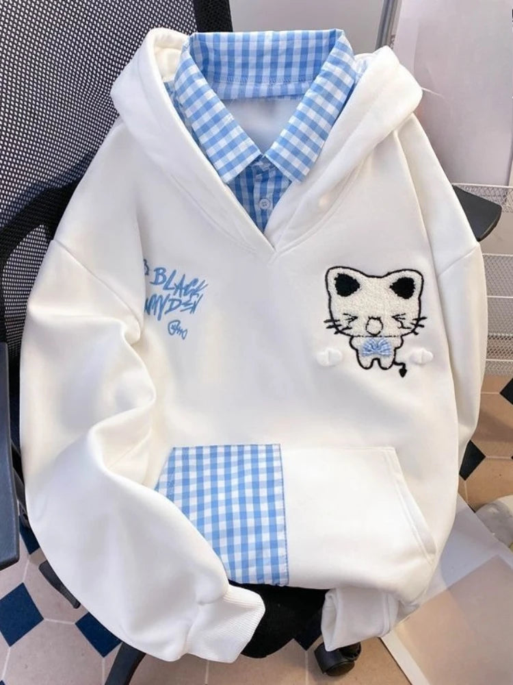 Kawaii Cat Embroidery Gingham-Trim Hoodie