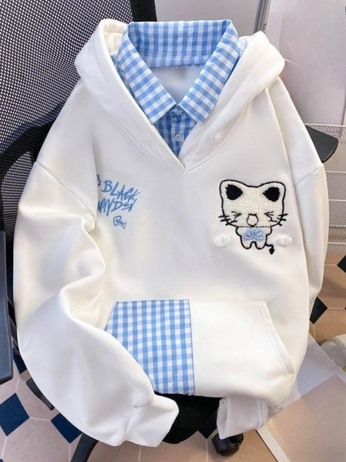 Kawaii Cat Embroidery Gingham-Trim Hoodie