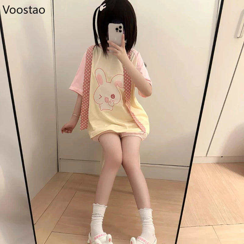 Kawaii Bunny Print T-Shirt with Pink Sleeves