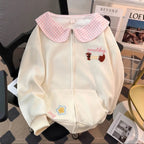 Kawaii Women's Cream Plaid Peter Pan Collar Dog Embroidery Zip-Up Sweatshirt
