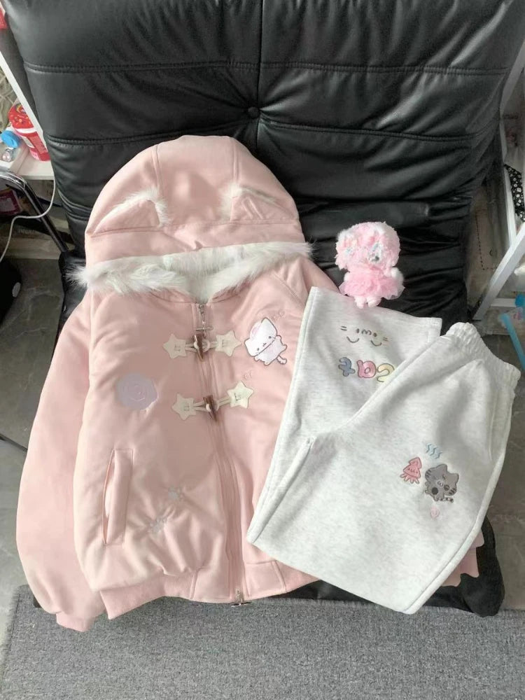 Kawaii Kitty Embroidered Hooded Winter Coat