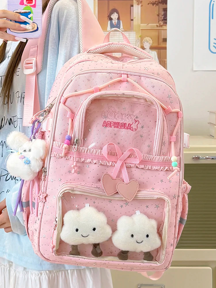 Kawaii Star-Print Multi-Pocket Backpack with Bow and Reflective Details
