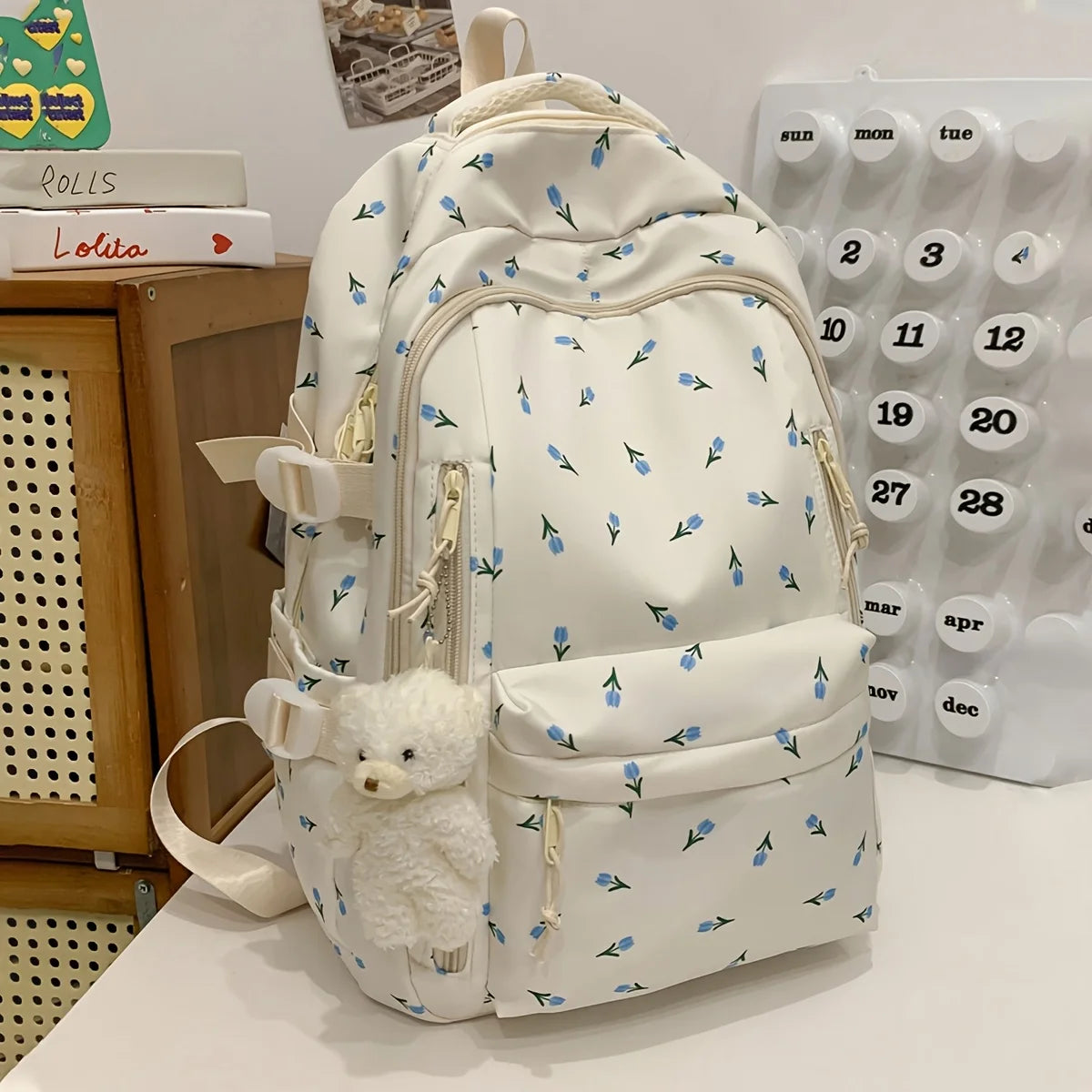 Kawaii Floral Nylon Backpack with Multiple Pockets, 43 × 30 × 18 cm