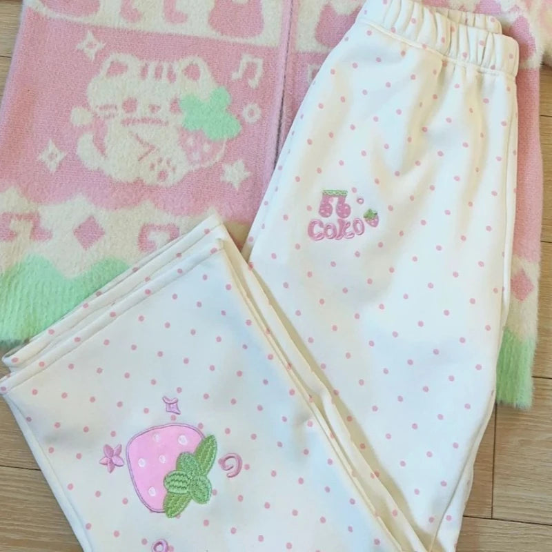 Kawaii Women's White Strawberry Embroidered Polka-Dot Pants