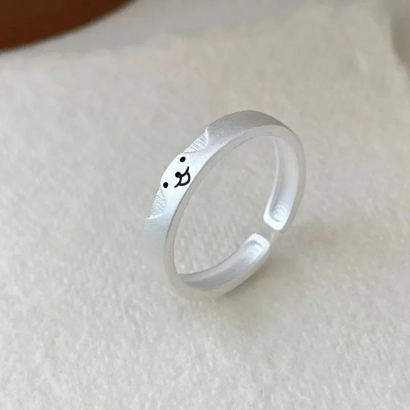 Kawaii Adjustable Silver-Tone Cat and Dog Rings