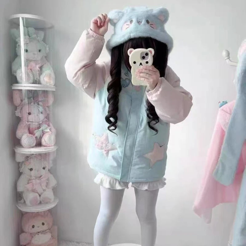 Women's Kawaii Star-Embroidered Hooded Padded Jacket