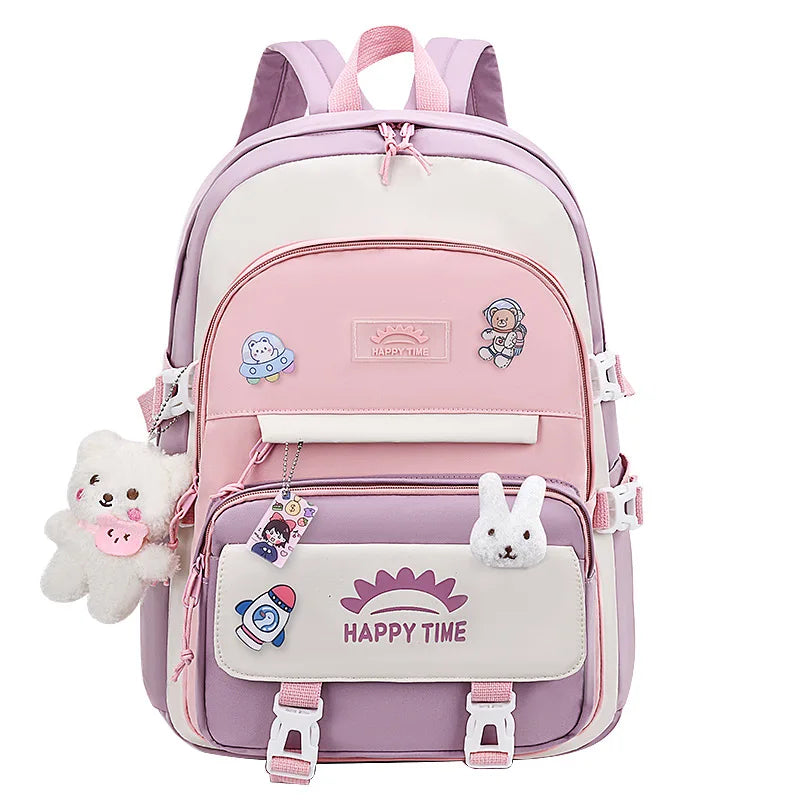 Kawaii Multi-Pocket Nylon Backpack with Bear & Bunny Charms