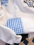 Kawaii Cat Embroidery Gingham-Trim Hoodie