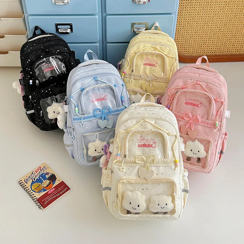 Kawaii Star-Print Multi-Pocket Backpack with Bow and Reflective Details