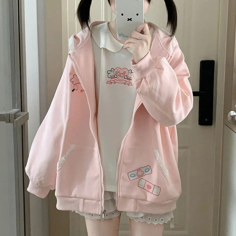 Kawaii Pink Bunny-Ear Hooded Zip-Up Hoodie